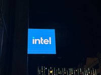 Intel's logo on a sign outside a pop-up store on Oxford Street