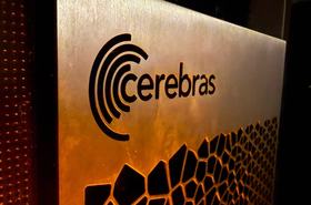 Cerebras logo on the front of its rack server solution