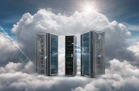 2 clouds each with a data center rack connected underneath, on one side there is a storm behind the