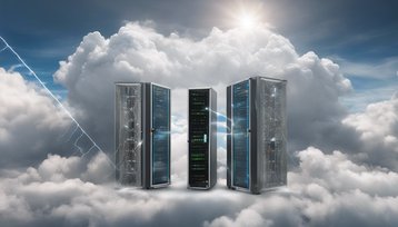 2 clouds each with a data center rack connected underneath, on one side there is a storm behind the