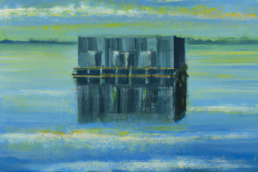96 OpenAI DALL·E 2 A data center floating on a still lake, with a reflection, oil painting 2.png