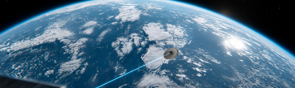 AI image of a laser communication link to be demonstrated between a LEO satellite and the PHOENIX 2 vehicle during re-entry.