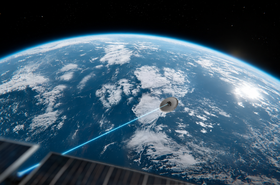 AI image of a laser communication link to be demonstrated between a LEO satellite and the PHOENIX 2 vehicle during re-entry.
