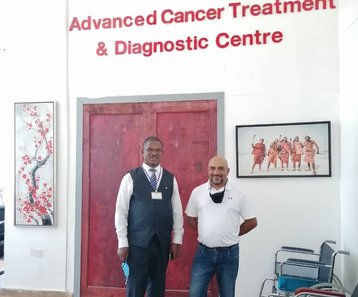 Hamptons Hospital CEO Hon. Dr. Maurice Siminyu (left) and Atos Senior project manager for SADC region Virgil Shetty at Hamptons Hospital in Mwale Medical and Technology City on June 8, 2021