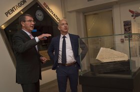 Then-Secretary of Defense Ash Carter gives Jeff Bezos a tour of the Pentagon