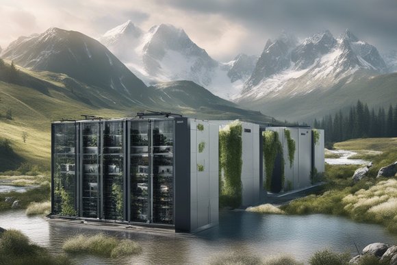 Data center with racks and clearly a data center, in a beautiful landscape, with snowy mountains in