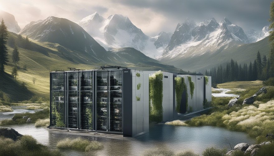 Data center with racks and clearly a data center, in a beautiful landscape, with snowy mountains in