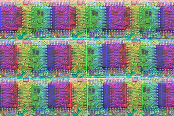 A repeating pattern of a photograph of a silicon chip, recoloured so that it is multi-coloured, in the style of pop art.