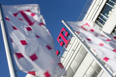 Company logo on the roof of a Deutsche Telekom building.