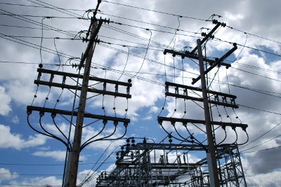 Electrical transmission cables at a substation.