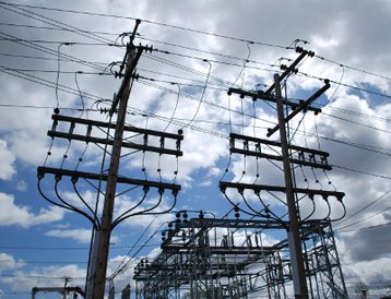 Electrical transmission cables at a substation.