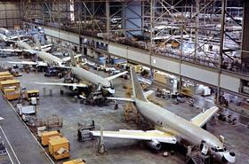 Boeing 737 being assembled (1975)