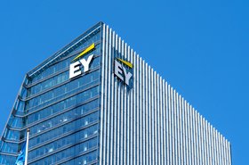 Sign and logo of EY on EY Tower in downtown Toronto