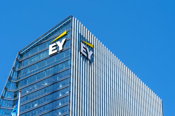 Sign and logo of EY on EY Tower in downtown Toronto
