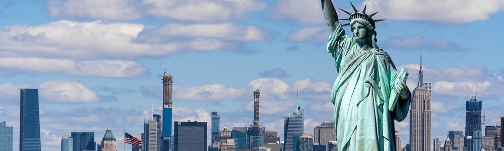 The Statue of Liberty over the Scene of New york cityscape