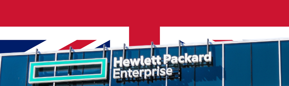 The facade of corporate headquarters in San Jose, Silicon Valley superimposed in front of the Union Flag