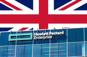 The facade of corporate headquarters in San Jose, Silicon Valley superimposed in front of the Union Flag
