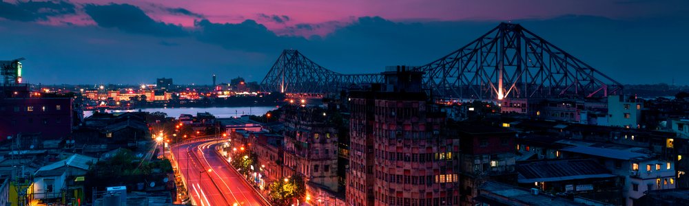 Cityscape of Kolkata, India at dusk
