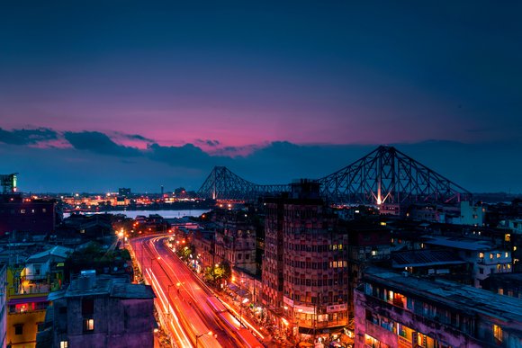 Cityscape of Kolkata, India at dusk