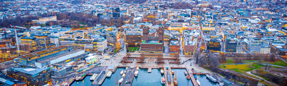 Aerial view of Oslo city hall in winter time