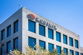 Close up of an Equinix headquarters building in Redwood City, California