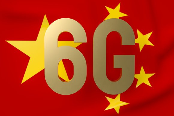 Render of 6G in gold on set in front of the Chinese flag