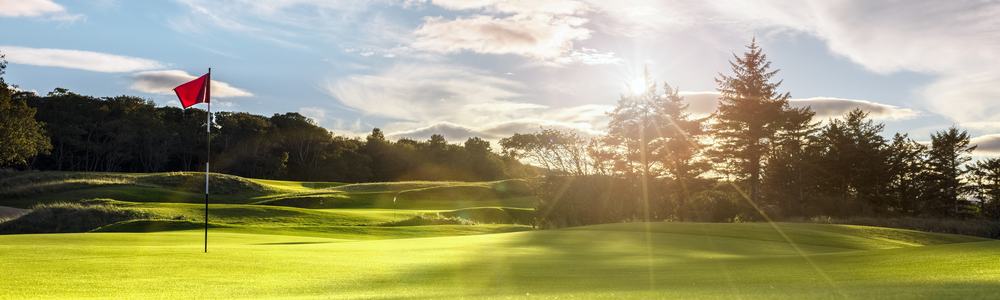 Golf course putting green with flag at sunset