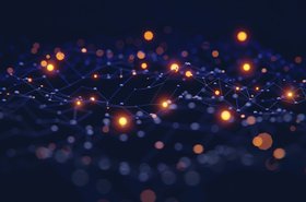 Blue network with bright orange dots and shallow depth of field