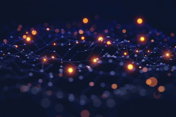 Blue network with bright orange dots and shallow depth of field