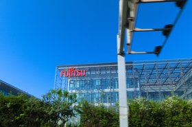 Close up of Fujitsu sign on their office building in Czechia