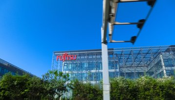 Close up of Fujitsu sign on their office building in Czechia