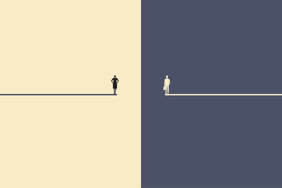 Hombre de negocios y mujer de negocios de pie. Concepto de brecha de género o concepto de desigualdad empresarial.