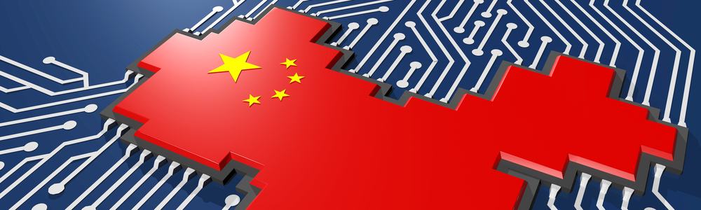 3d render of microchip shape of China on darkblue board