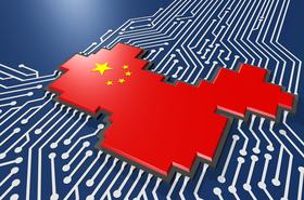 3d render of microchip shape of China on darkblue board
