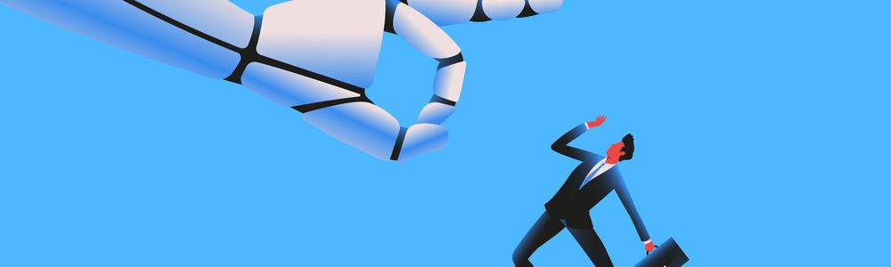Giant robot flicking tiny man illustration