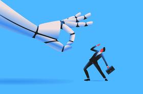 Giant robot flicking tiny man illustration