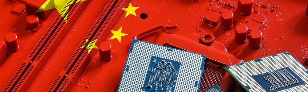 Republic of China flag on a red painted PC motherboard with some processors on it