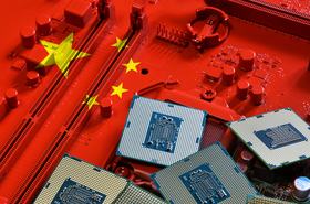 Republic of China flag on a red painted PC motherboard with some processors on it