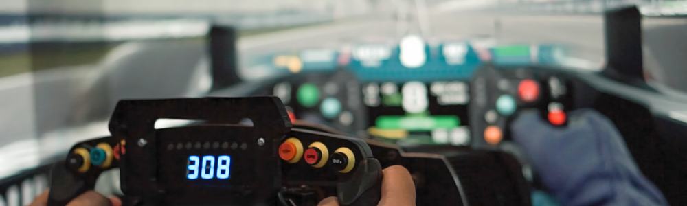 Close up of gamer playing car racing video game
