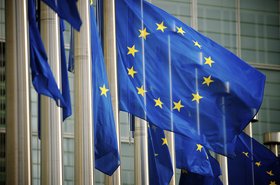 EU Flags Flying at the European Commission Building in Brussels, Belgium