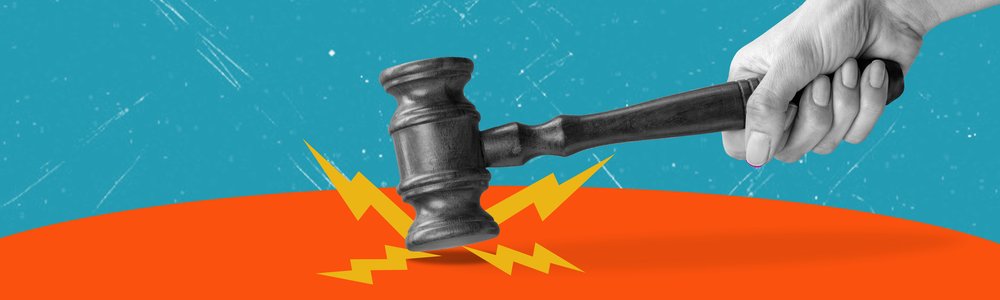 Contemporary art collage featuring a hand with a gavel