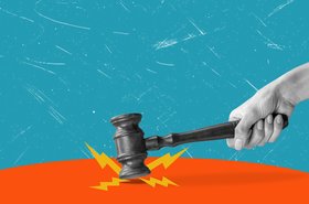 Contemporary art collage featuring a hand with a gavel