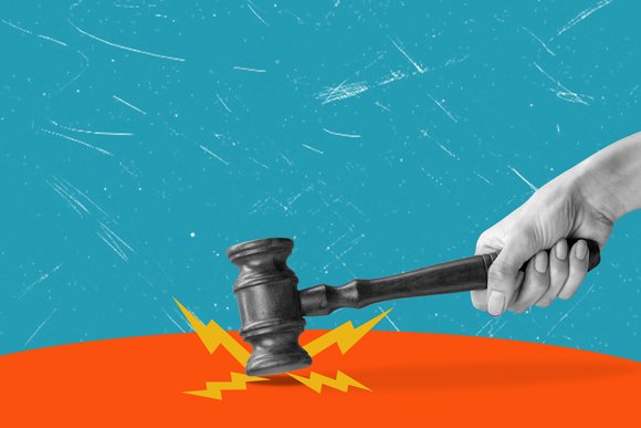 Contemporary art collage featuring a hand with a gavel