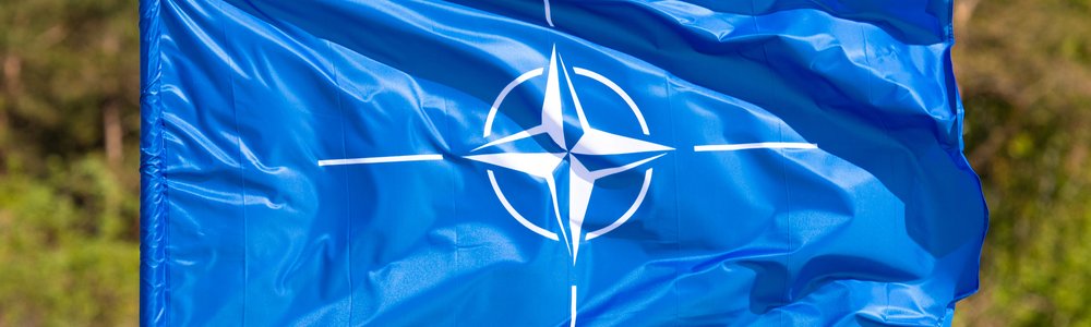 lag with symbol of NATO waiving on a blurred green background