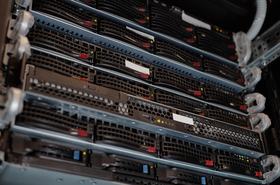 A closeup of generic network server racks in a data center