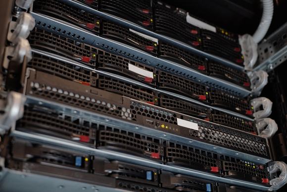 A closeup of generic network server racks in a data center