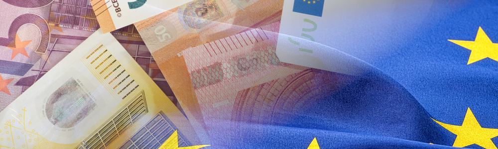 Flag of the European Union and euro banknotes