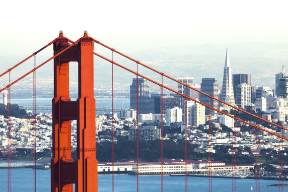 San Francisco skyline with the Golden Gate bridge in the foreground