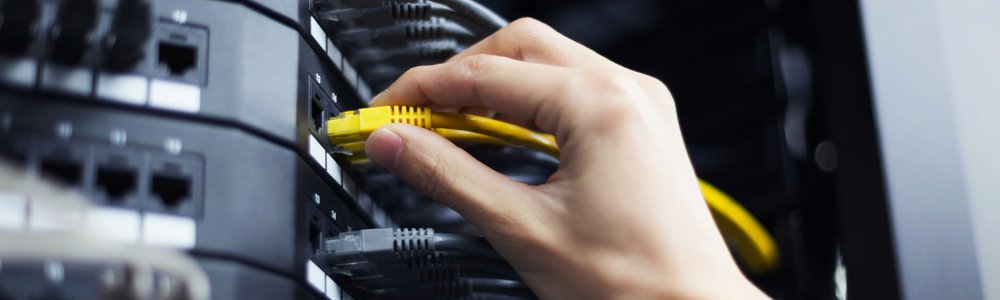Hand with network cable in a data center