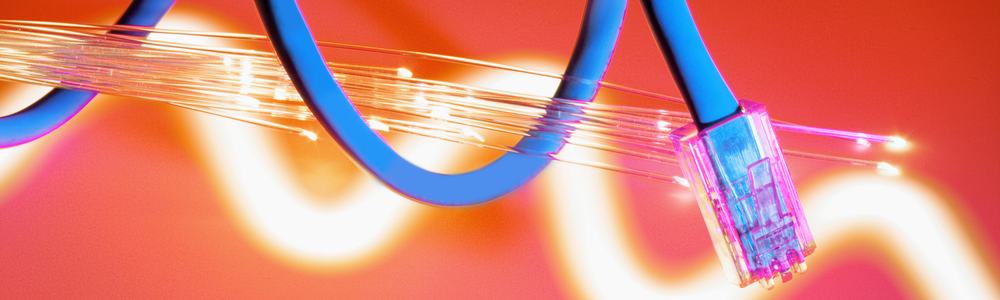 A network cable and optical fibers against a red background